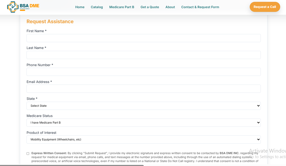 BSA DME structured customer assistance request form