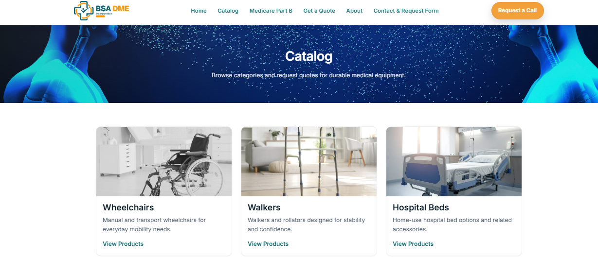 BSA DME equipment catalog with wheelchairs walkers and hospital beds
