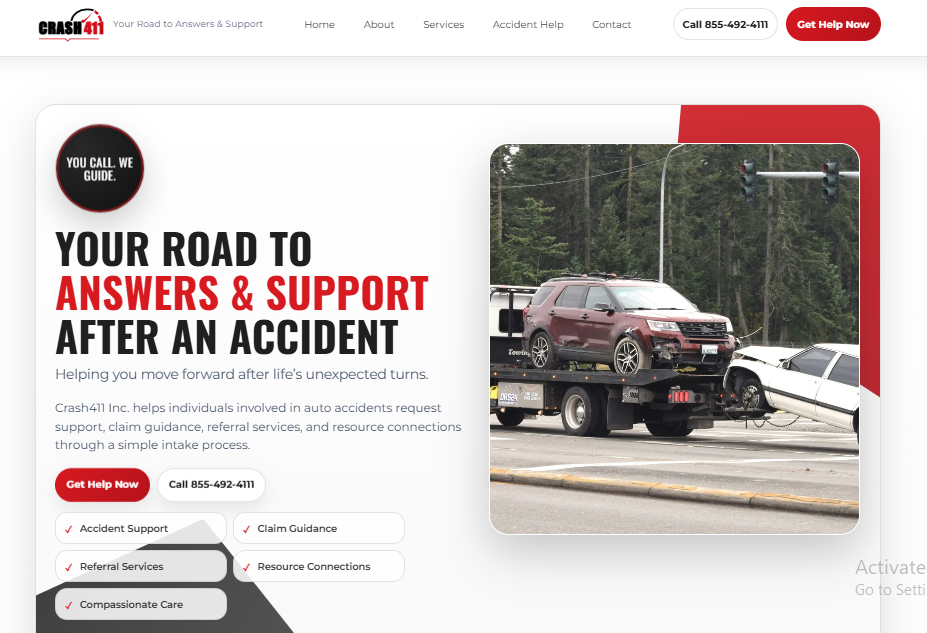 Crash 411 homepage with accident support and contact actions