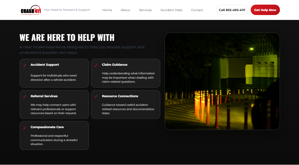 Crash 411 service section for accident support and claim guidance