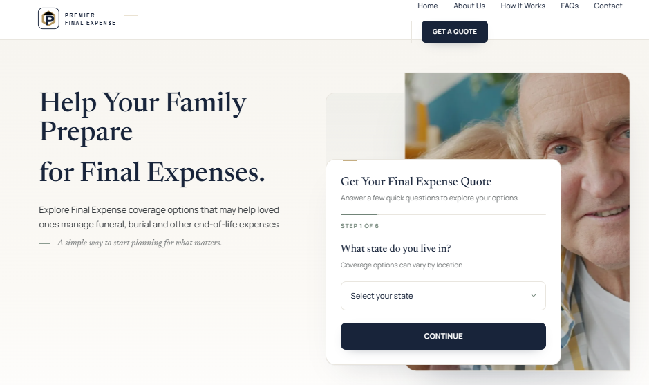 Premier Final Expense homepage with multi-step quote form