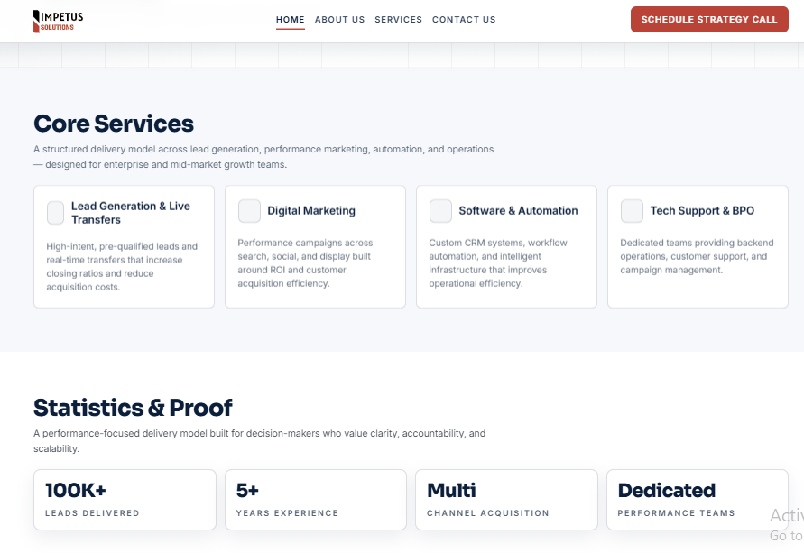 Impetus Solutions website core services section