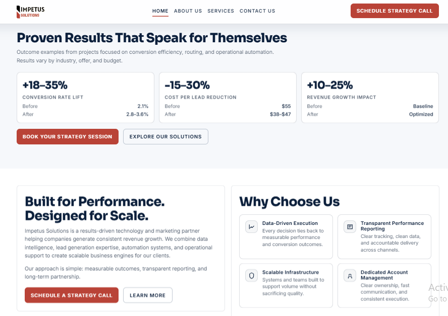 Impetus Solutions company positioning and service website sections