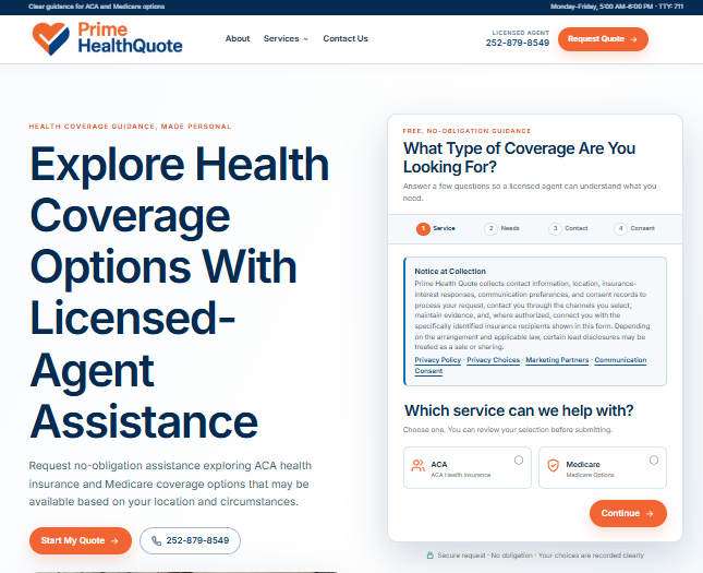 Prime Health Quote homepage with licensed-agent guidance and a guided coverage form