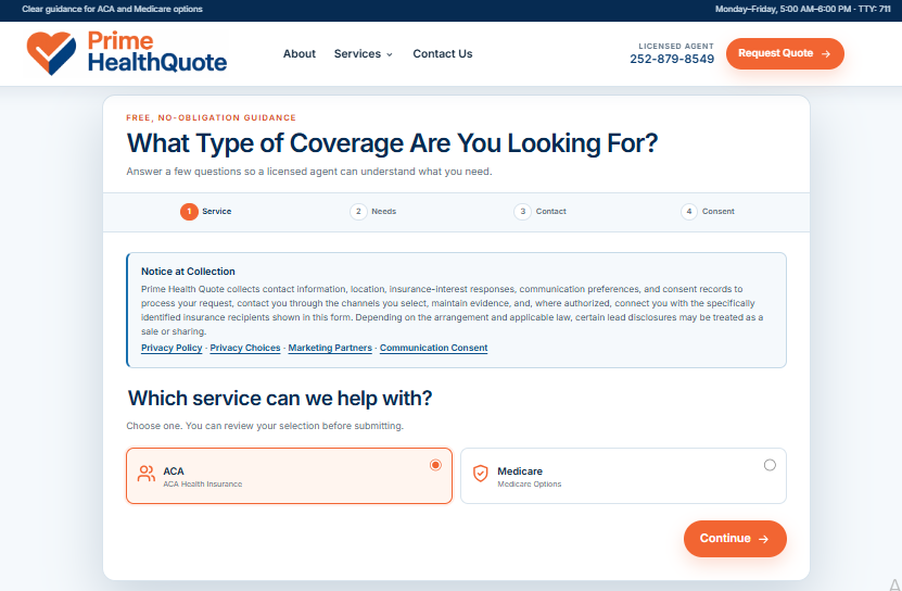 Prime Health Quote form offering ACA and Medicare coverage paths