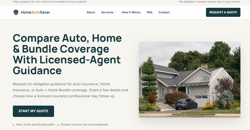 HomeAutoSaver homepage introducing Auto Home and Bundle coverage guidance