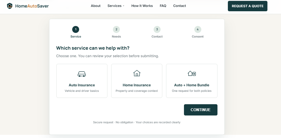 HomeAutoSaver form with Auto Home and Auto plus Home Bundle service choices