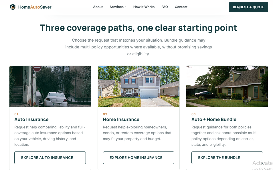 HomeAutoSaver page explaining Auto Home and bundled insurance paths